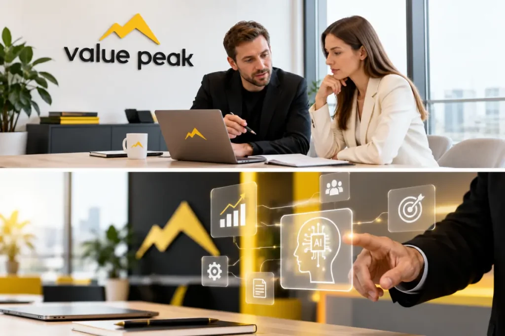 ValuePeak AI business consulting with process analysis, implementation costs and potential ROI